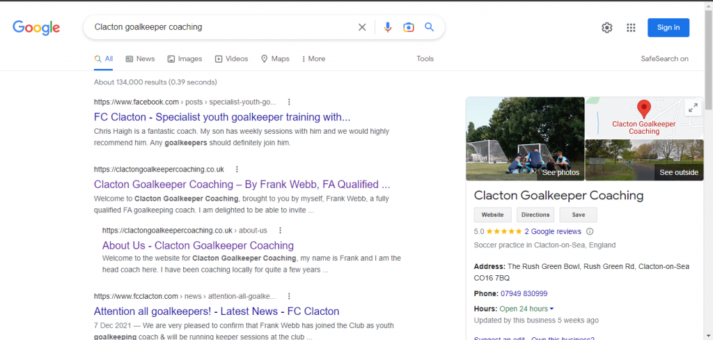 clacton goalkeeper google